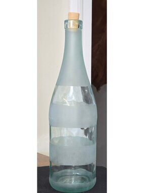 Frosted Blue Green Glass Bottle Aqua Cork Stopper Clear & Matte Striped Design